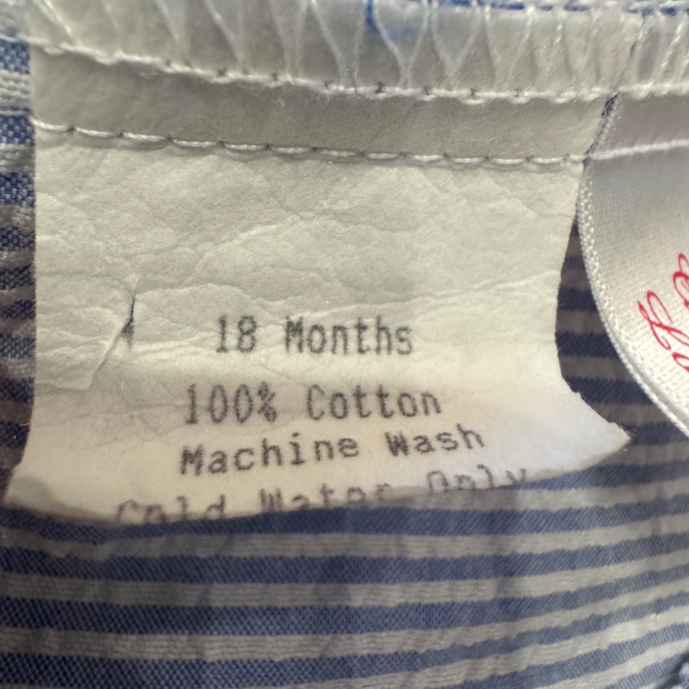 Caught Ya Lookin Blue Seersucker Monogram E Ruffle Dress 18 Months USA Made - Picture 5 of 6